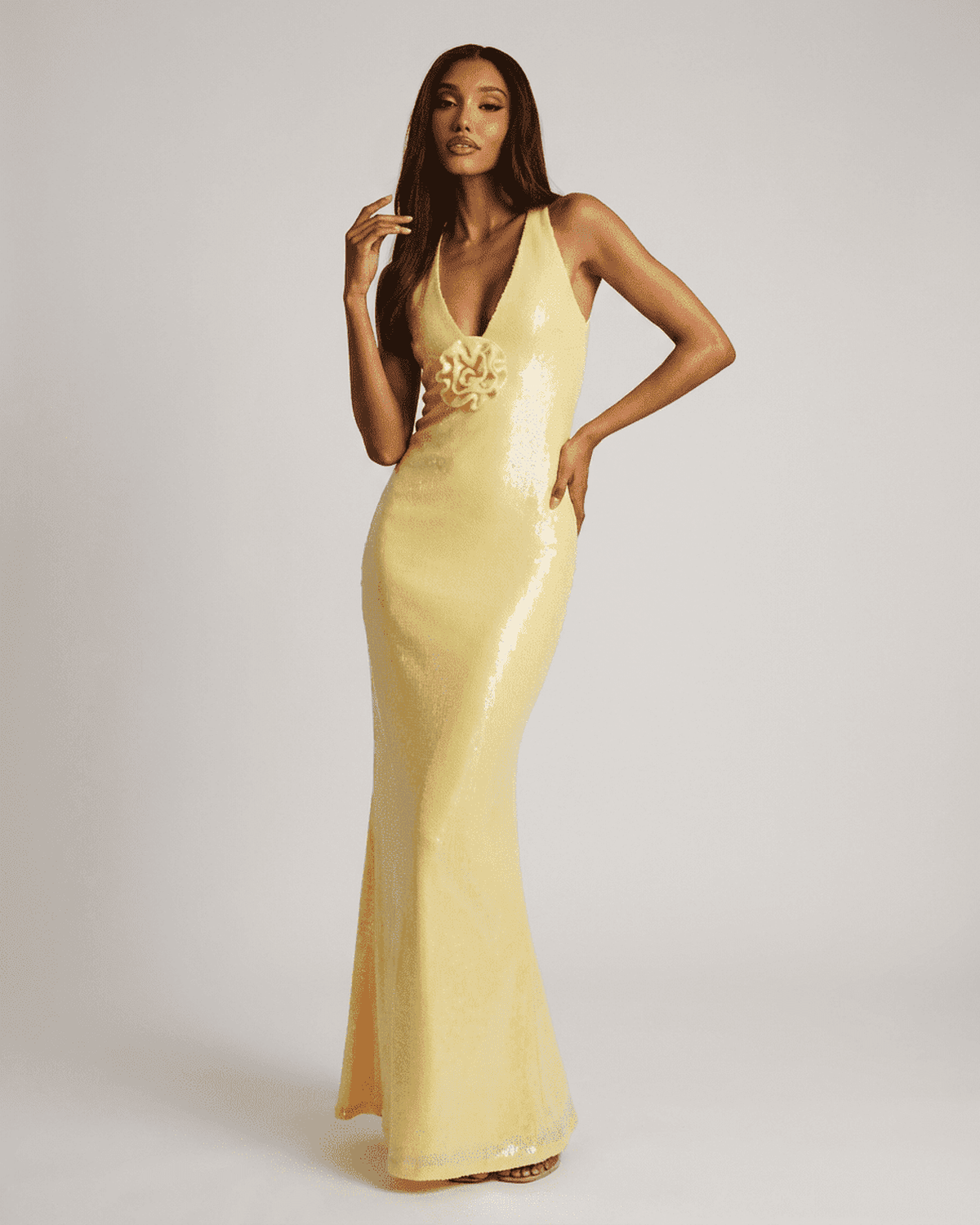 Solara Maxi Dress by SLIMONA - Backless V-Neck Yellow Dress with Floral Sequin Detail