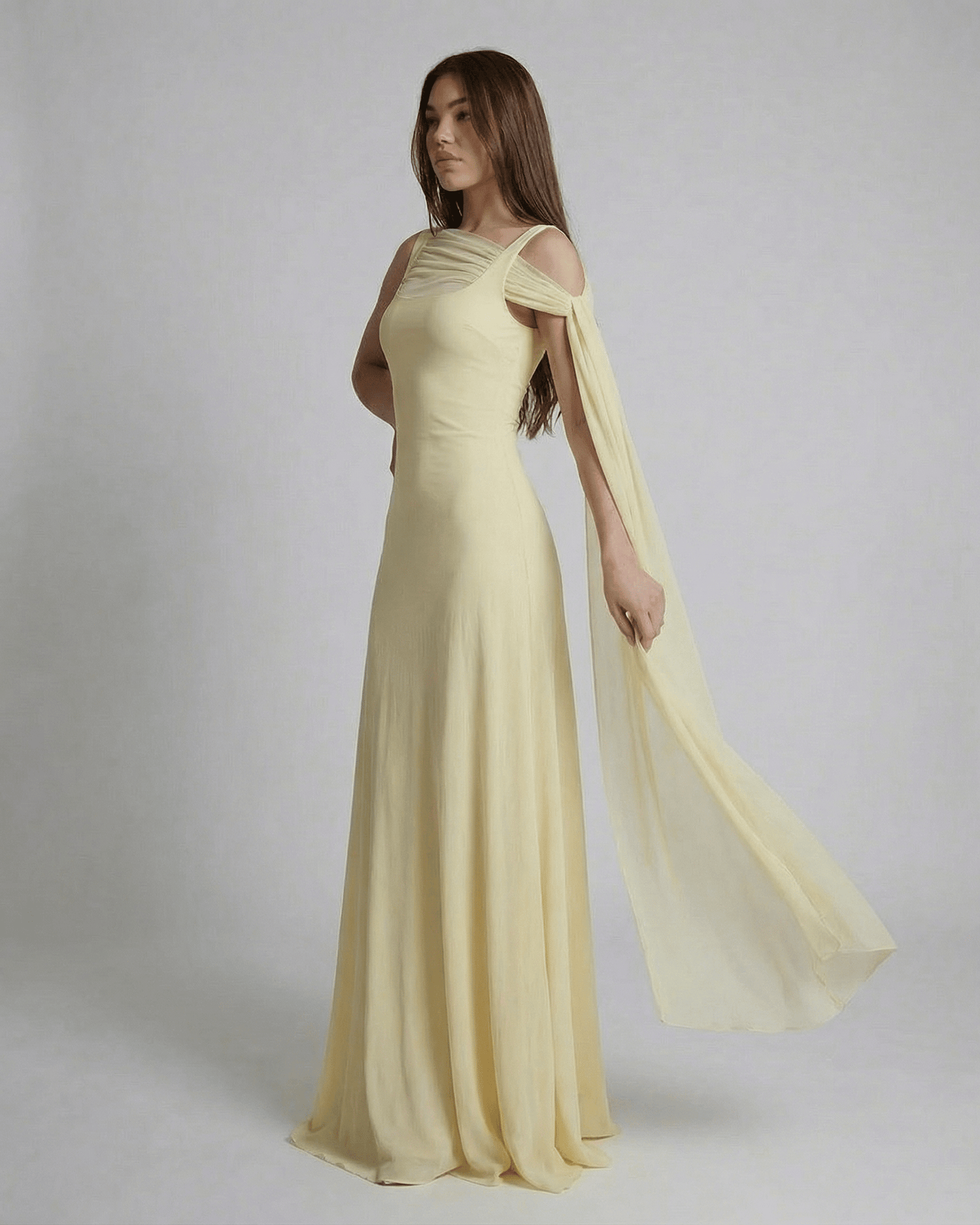 Solenne Maxi Dress by SLIMONA - Light yellow slip dress with square neck and mesh shawl detail.