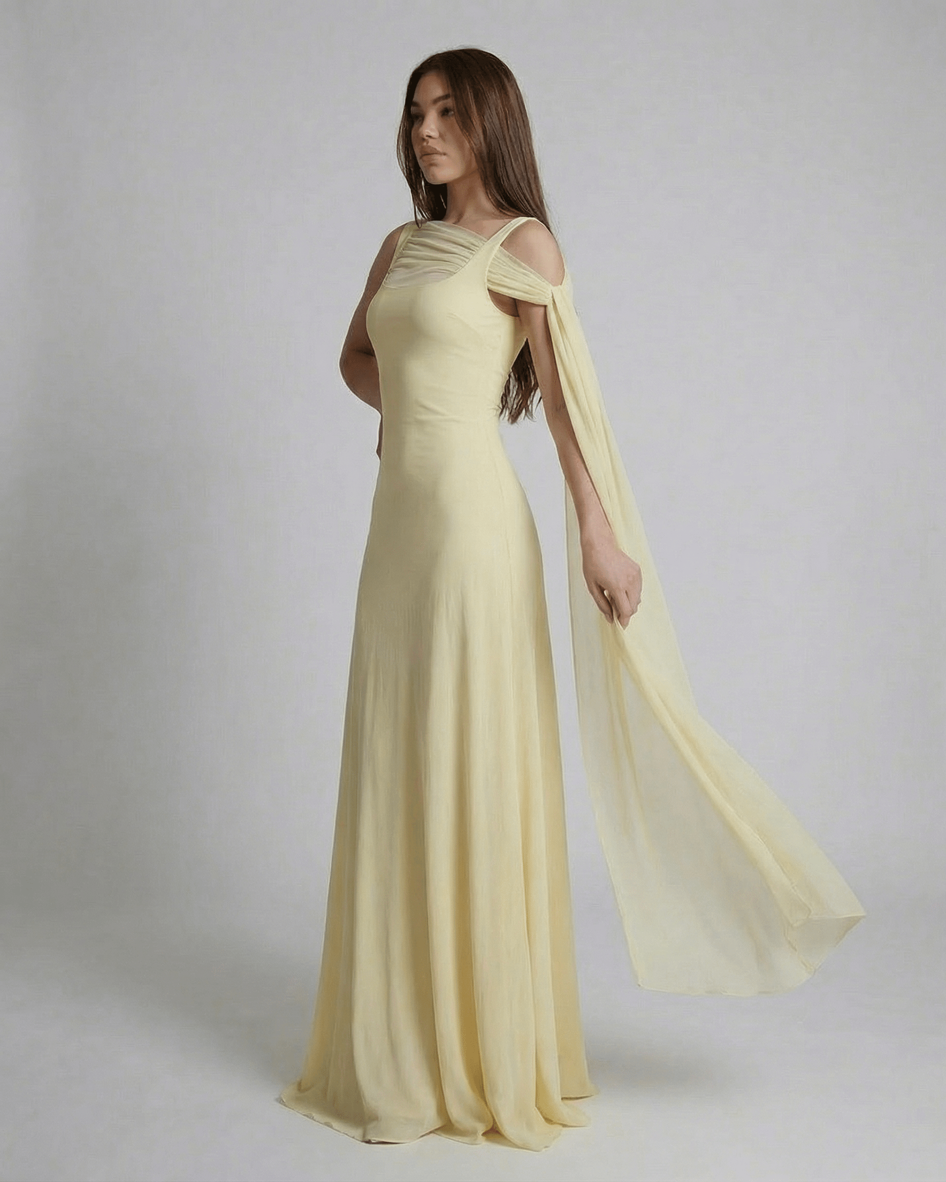 Solenne Maxi Dress by SLIMONA - Light yellow slip dress with square neck and mesh shawl detail.
