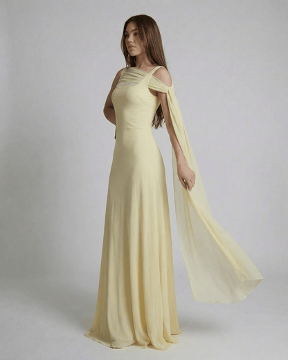 Solenne Maxi Dress by SLIMONA - Light yellow slip dress with square neck and mesh shawl detail.
