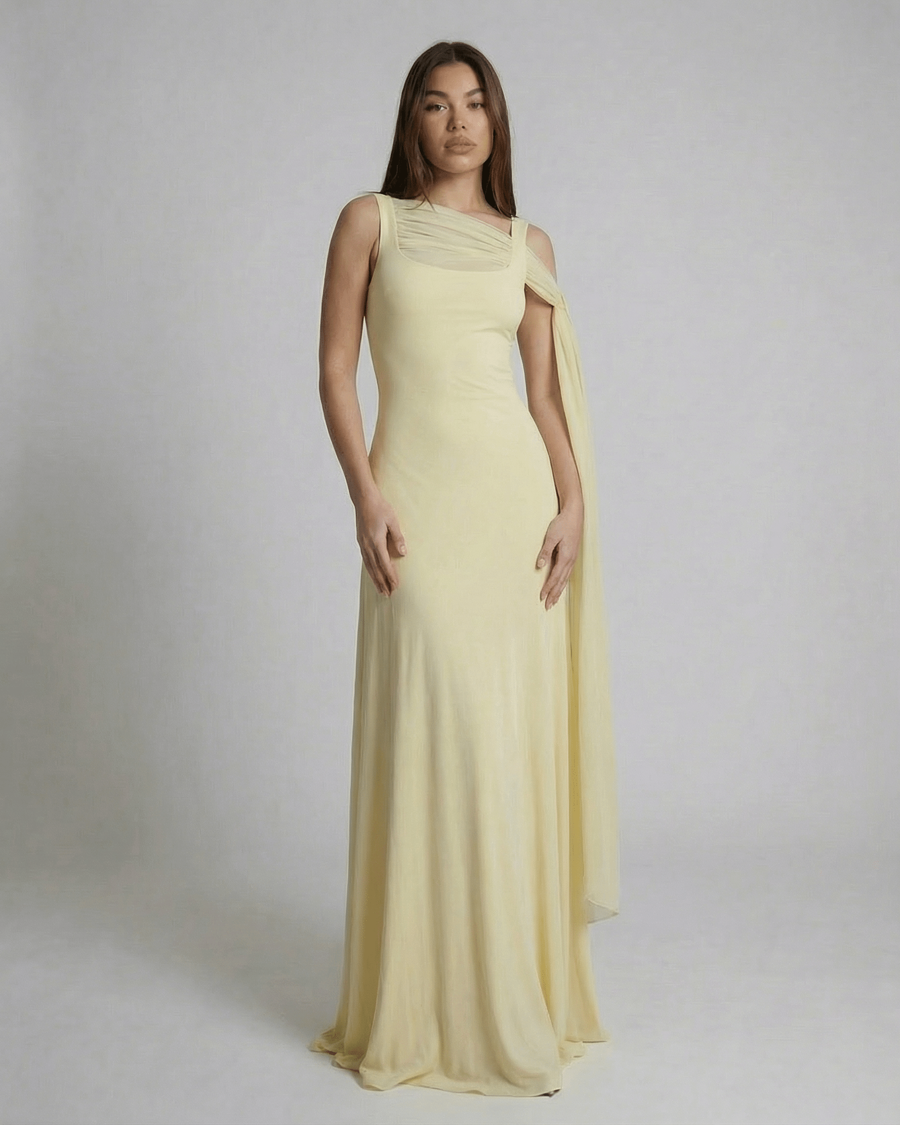Solenne Maxi Dress by SLIMONA - Light yellow slip maxi dress with square neck and mesh shawl detail.