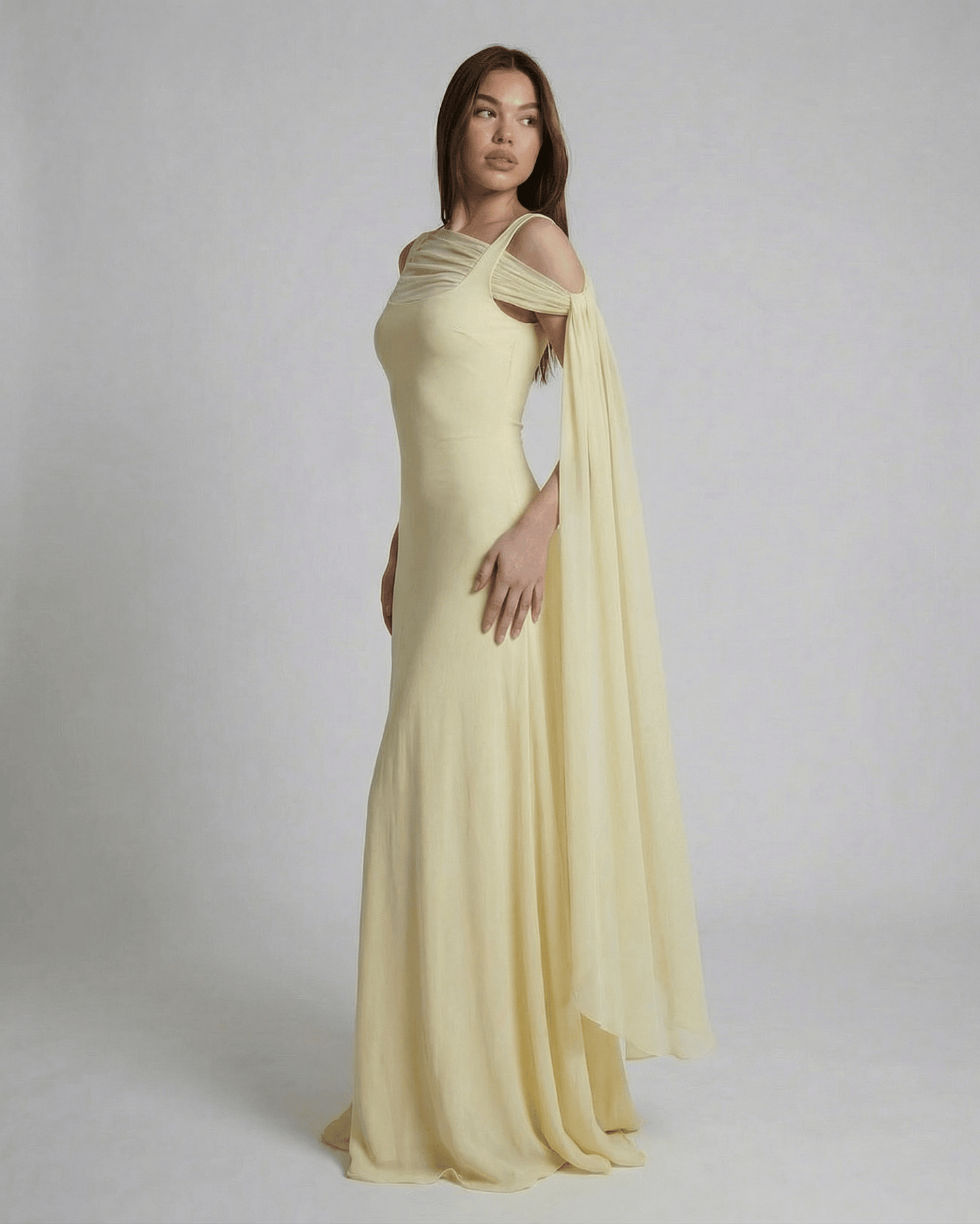 Solenne Maxi Dress by SLIMONA - Elegant light yellow slip maxi dress with mesh shawl detail.
