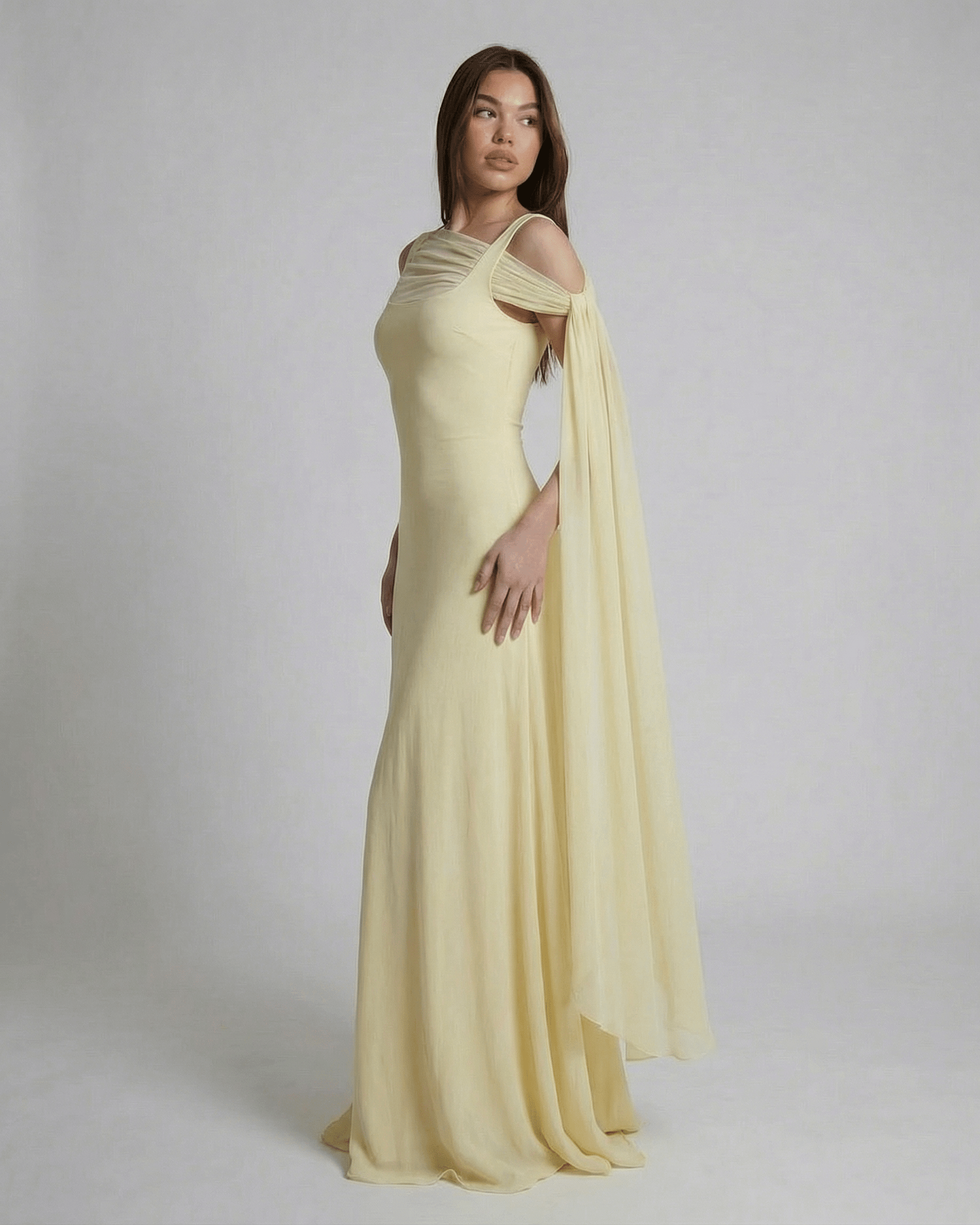 Solenne Maxi Dress by SLIMONA - Elegant light yellow slip maxi dress with mesh shawl detail.