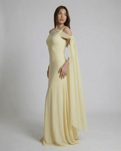 Solenne Maxi Dress by SLIMONA - Elegant light yellow slip maxi dress with mesh shawl detail.