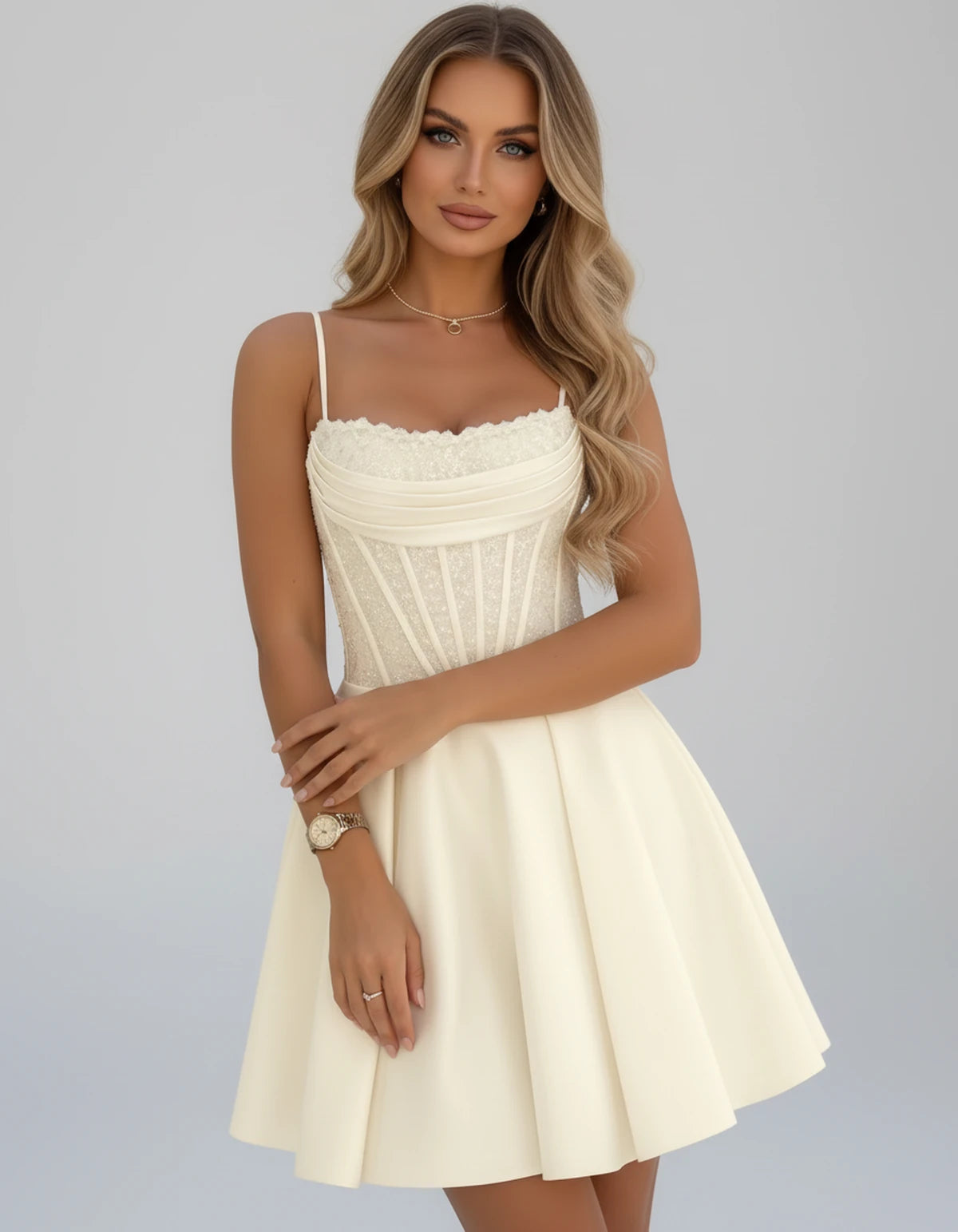 Sorbonne Mini Dress — Ivory | SKU: SD-93312-ivory-2,SD-93312-ivory-4,SD-93312-ivory-6,SD-93312-ivory-8,SD-93312-ivory-10,SD-93312-ivory-12,SD-93312-ivory-14,SD-93312-ivory-16,SD-93312-ivory-16W,SD-93312-ivory-18W,SD-93312-ivory-20W,SD-93312-ivory-22W