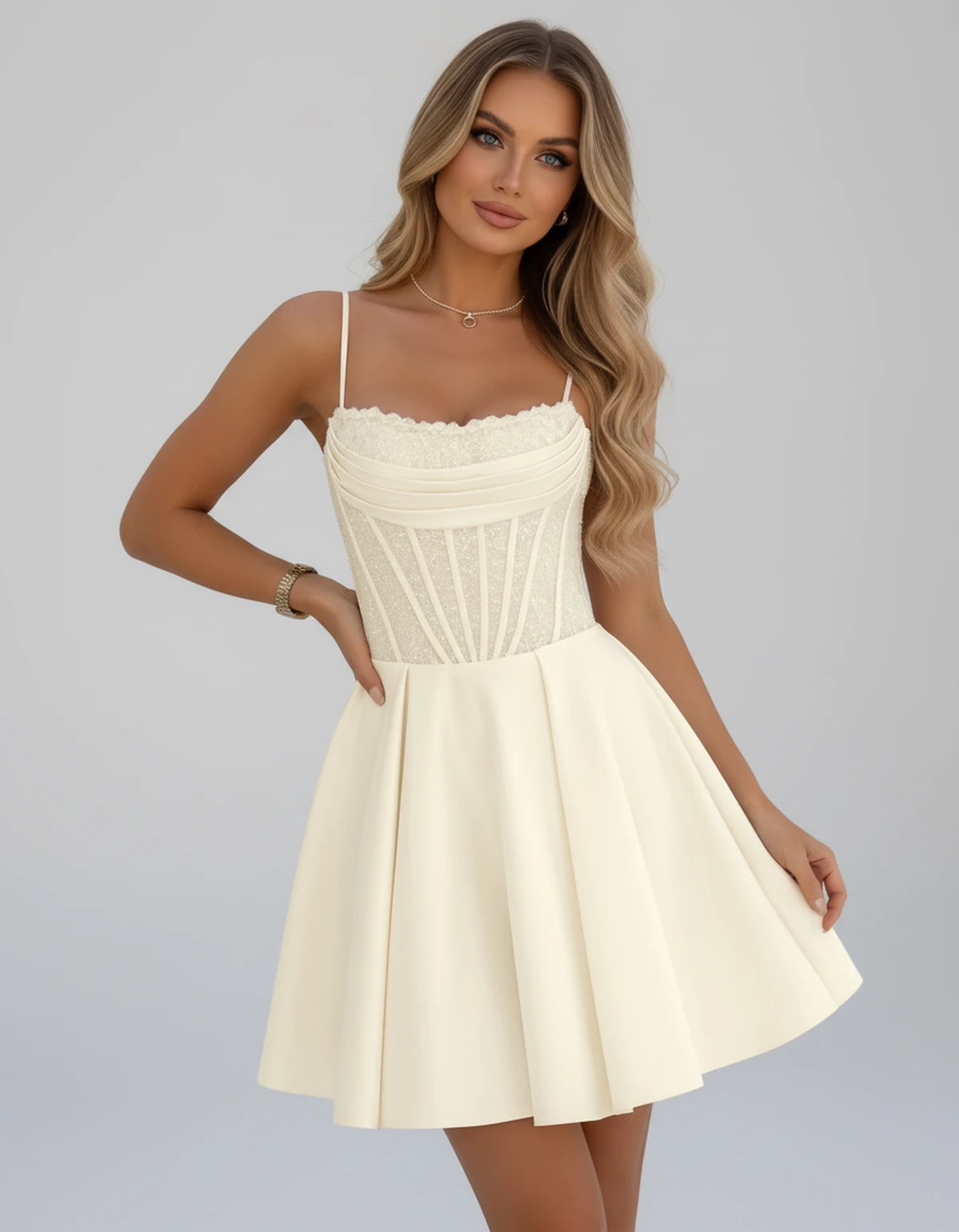 Sorbonne Mini Dress — Ivory | SKU: SD-93312-ivory-2,SD-93312-ivory-4,SD-93312-ivory-6,SD-93312-ivory-8,SD-93312-ivory-10,SD-93312-ivory-12,SD-93312-ivory-14,SD-93312-ivory-16,SD-93312-ivory-16W,SD-93312-ivory-18W,SD-93312-ivory-20W,SD-93312-ivory-22W