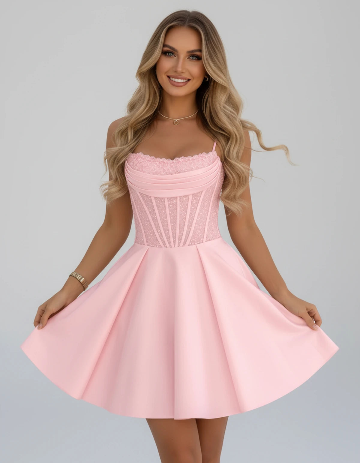 Sorbonne Mini Dress — Pink | SKU: SD-93312-pink-2,SD-93312-pink-4,SD-93312-pink-6,SD-93312-pink-8,SD-93312-pink-10,SD-93312-pink-12,SD-93312-pink-14,SD-93312-pink-16,SD-93312-pink-16W,SD-93312-pink-18W,SD-93312-pink-20W,SD-93312-pink-22W