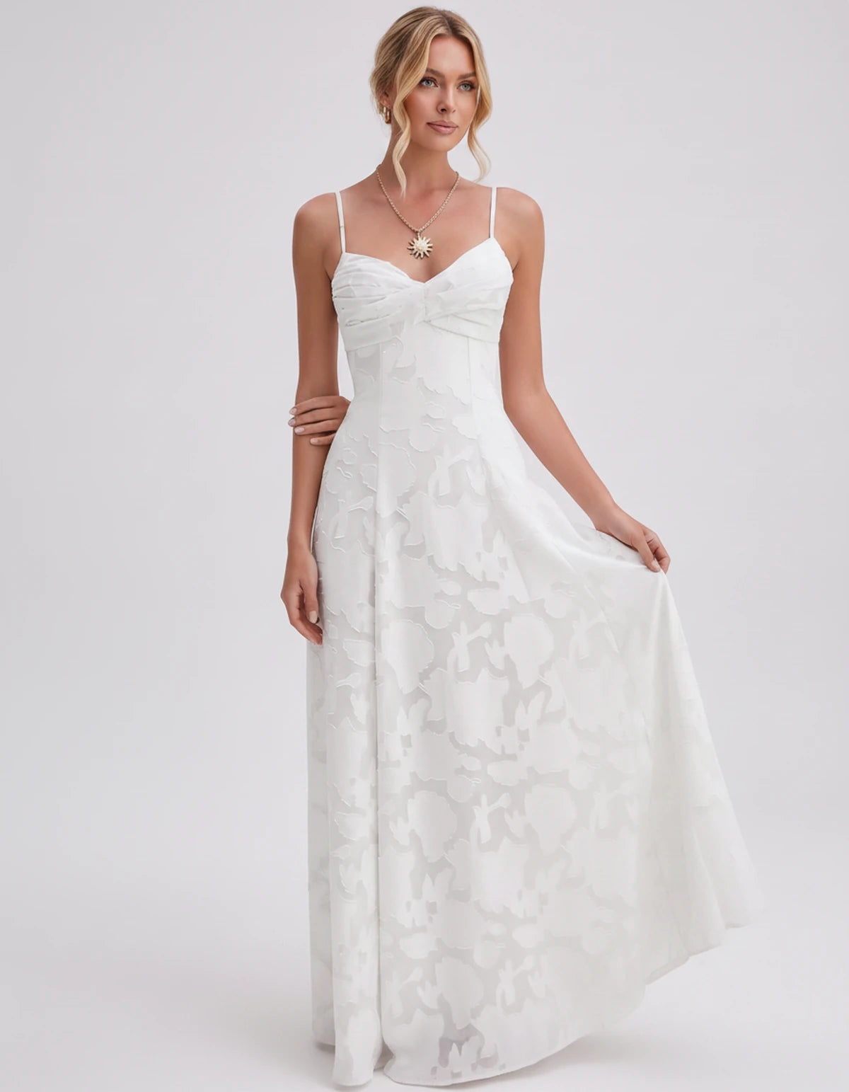 Sylvaine Maxi Dress — White | SKU: SD-93117-white-2,SD-93117-white-4,SD-93117-white-6,SD-93117-white-8,SD-93117-white-10,SD-93117-white-12,SD-93117-white-14,SD-93117-white-16,SD-93117-white-16W,SD-93117-white-18W,SD-93117-white-20W,SD-93117-white-22W