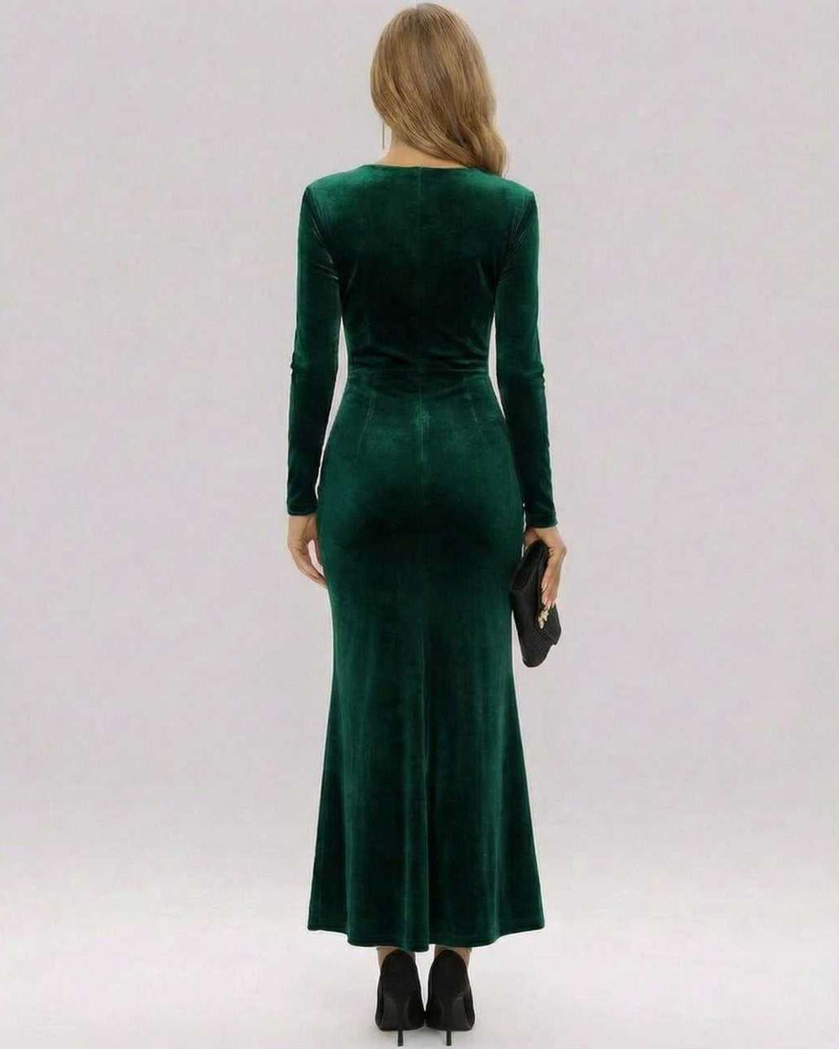 Sylvia Maxi Dress by Lauven, back view showcasing elegant emerald velvet, slim-fit silhouette, and full-length sleeves.