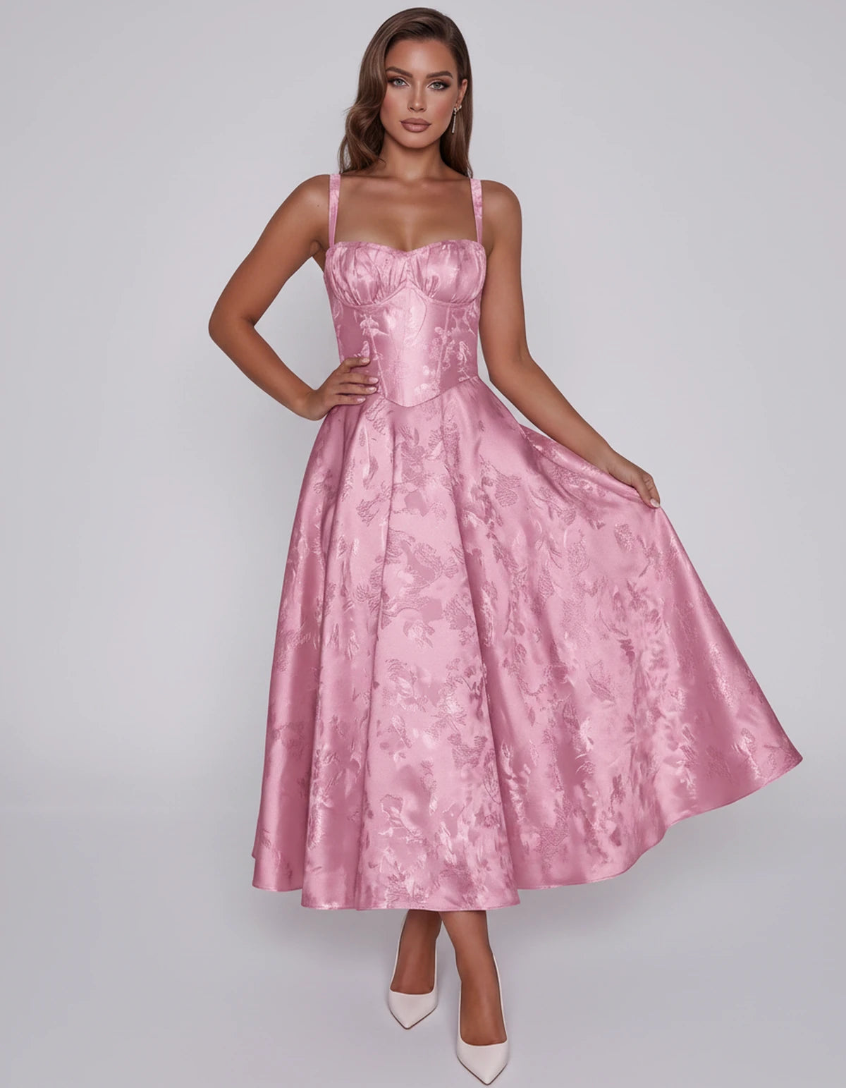 Tavira Midi Dresses — Pink | SKU: SD-43065-pink-2,SD-43065-pink-4,SD-43065-pink-6,SD-43065-pink-8,SD-43065-pink-10,SD-43065-pink-12,SD-43065-pink-14,SD-43065-pink-16,SD-43065-pink-16W,SD-43065-pink-18W,SD-43065-pink-20W,SD-43065-pink-22W
