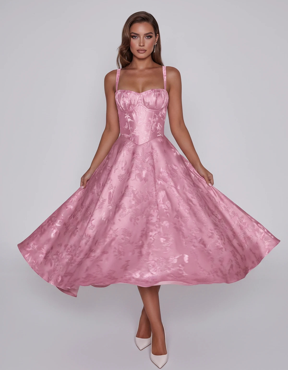 Tavira Midi Dresses — Pink | SKU: SD-43065-pink-2,SD-43065-pink-4,SD-43065-pink-6,SD-43065-pink-8,SD-43065-pink-10,SD-43065-pink-12,SD-43065-pink-14,SD-43065-pink-16,SD-43065-pink-16W,SD-43065-pink-18W,SD-43065-pink-20W,SD-43065-pink-22W