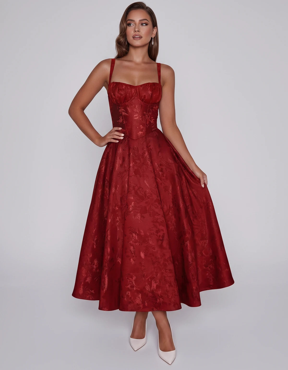 Tavira Midi Dresses — Red | SKU: SD-43065-red-2,SD-43065-red-4,SD-43065-red-6,SD-43065-red-8,SD-43065-red-10,SD-43065-red-12,SD-43065-red-14,SD-43065-red-16,SD-43065-red-16W,SD-43065-red-18W,SD-43065-red-20W,SD-43065-red-22W