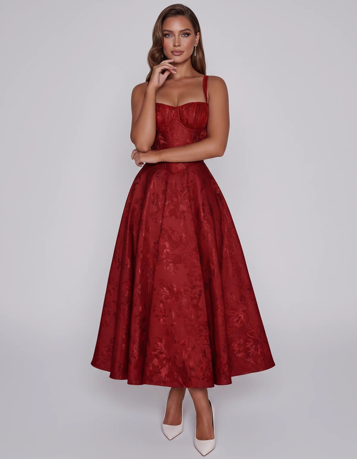 Tavira Midi Dresses — Red | SKU: SD-43065-red-2,SD-43065-red-4,SD-43065-red-6,SD-43065-red-8,SD-43065-red-10,SD-43065-red-12,SD-43065-red-14,SD-43065-red-16,SD-43065-red-16W,SD-43065-red-18W,SD-43065-red-20W,SD-43065-red-22W