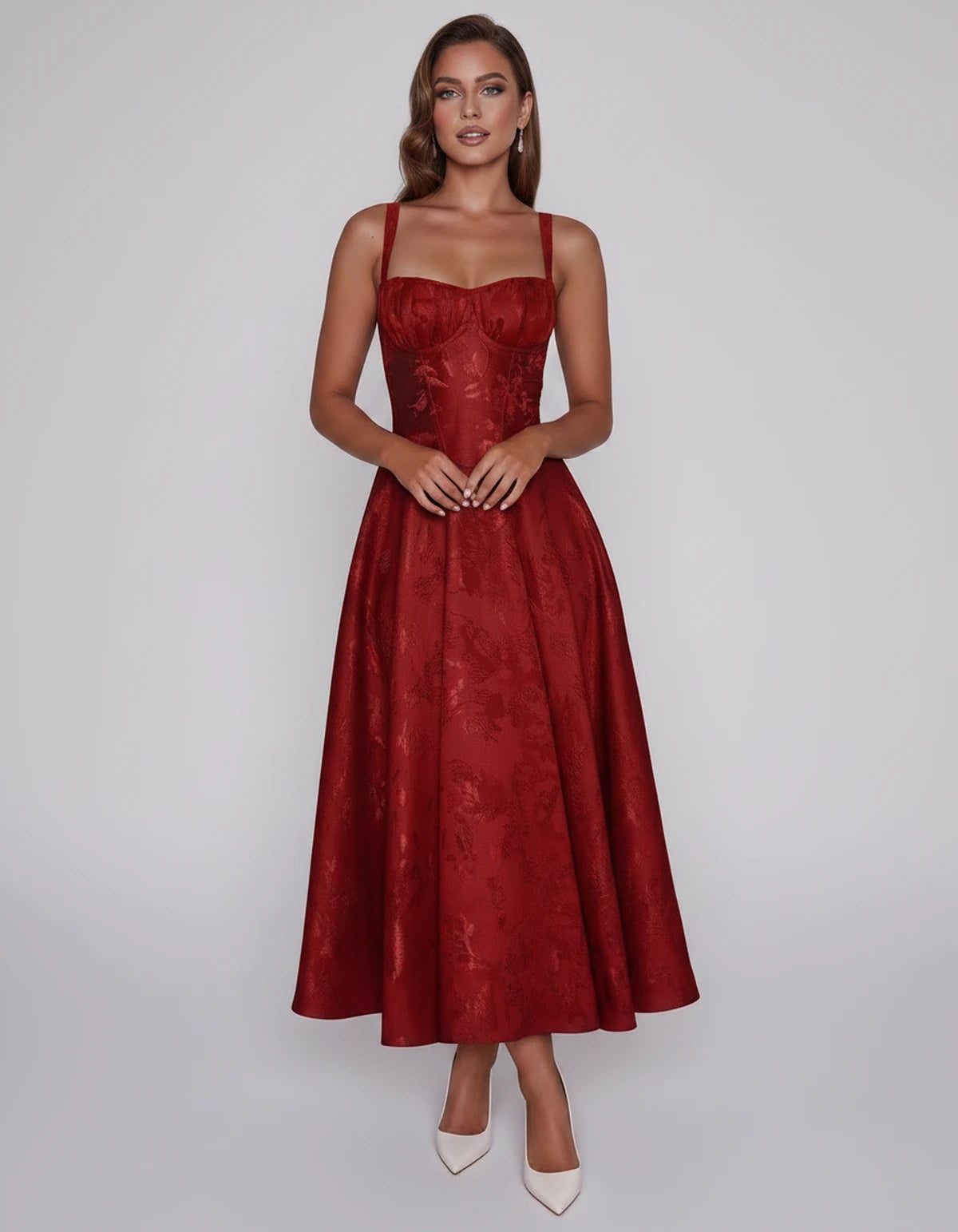 Tavira Midi Dresses — Red | SKU: SD-43065-red-2,SD-43065-red-4,SD-43065-red-6,SD-43065-red-8,SD-43065-red-10,SD-43065-red-12,SD-43065-red-14,SD-43065-red-16,SD-43065-red-16W,SD-43065-red-18W,SD-43065-red-20W,SD-43065-red-22W