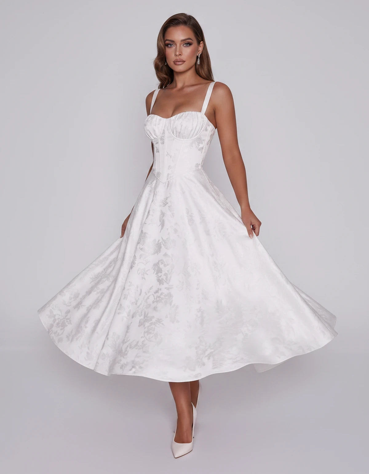 Tavira Midi Dresses — White | SKU: SD-43065-white-2,SD-43065-white-4,SD-43065-white-6,SD-43065-white-8,SD-43065-white-10,SD-43065-white-12,SD-43065-white-14,SD-43065-white-16,SD-43065-white-16W,SD-43065-white-18W,SD-43065-white-20W,SD-43065-white-22W