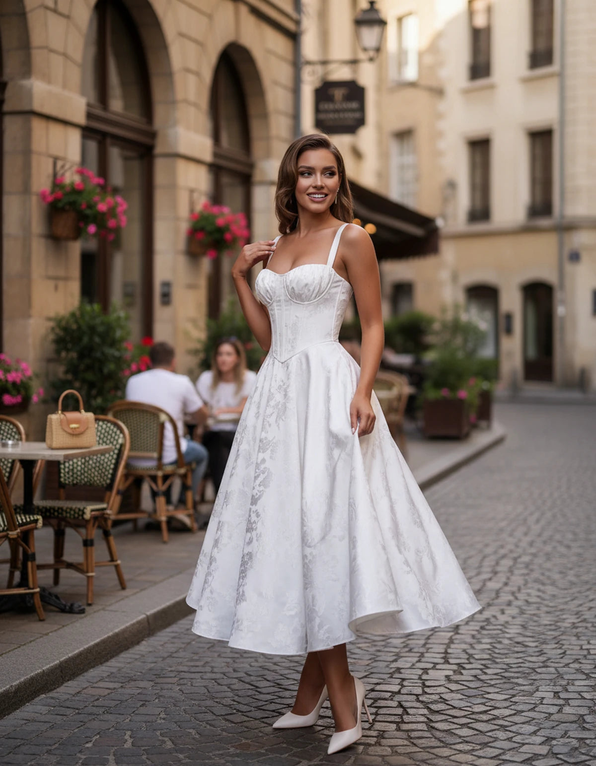 Tavira Midi Dresses — White | SKU: SD-43065-white-2,SD-43065-white-4,SD-43065-white-6,SD-43065-white-8,SD-43065-white-10,SD-43065-white-12,SD-43065-white-14,SD-43065-white-16,SD-43065-white-16W,SD-43065-white-18W,SD-43065-white-20W,SD-43065-white-22W
