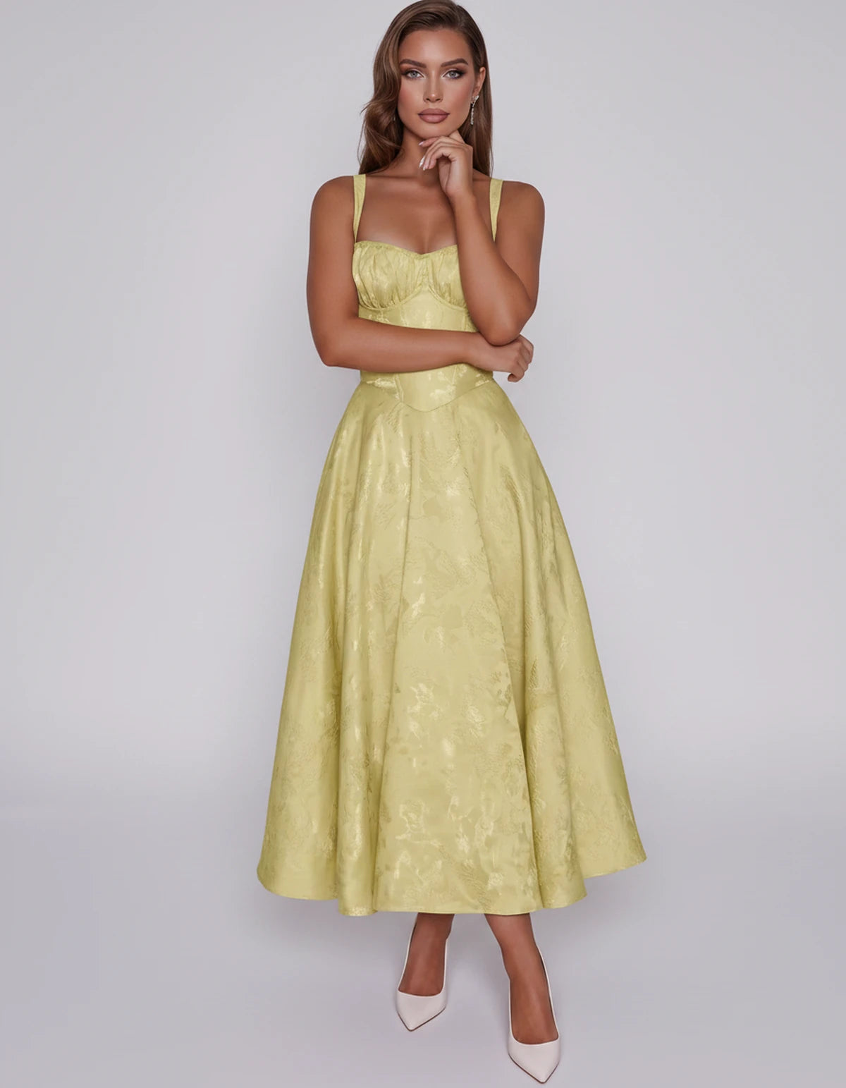 Tavira Midi Dresses — Yellow | SKU: SD-43065-yellow-2,SD-43065-yellow-4,SD-43065-yellow-6,SD-43065-yellow-8,SD-43065-yellow-10,SD-43065-yellow-12,SD-43065-yellow-14,SD-43065-yellow-16,SD-43065-yellow-16W,SD-43065-yellow-18W,SD-43065-yellow-20W,SD-43065-yellow-22W