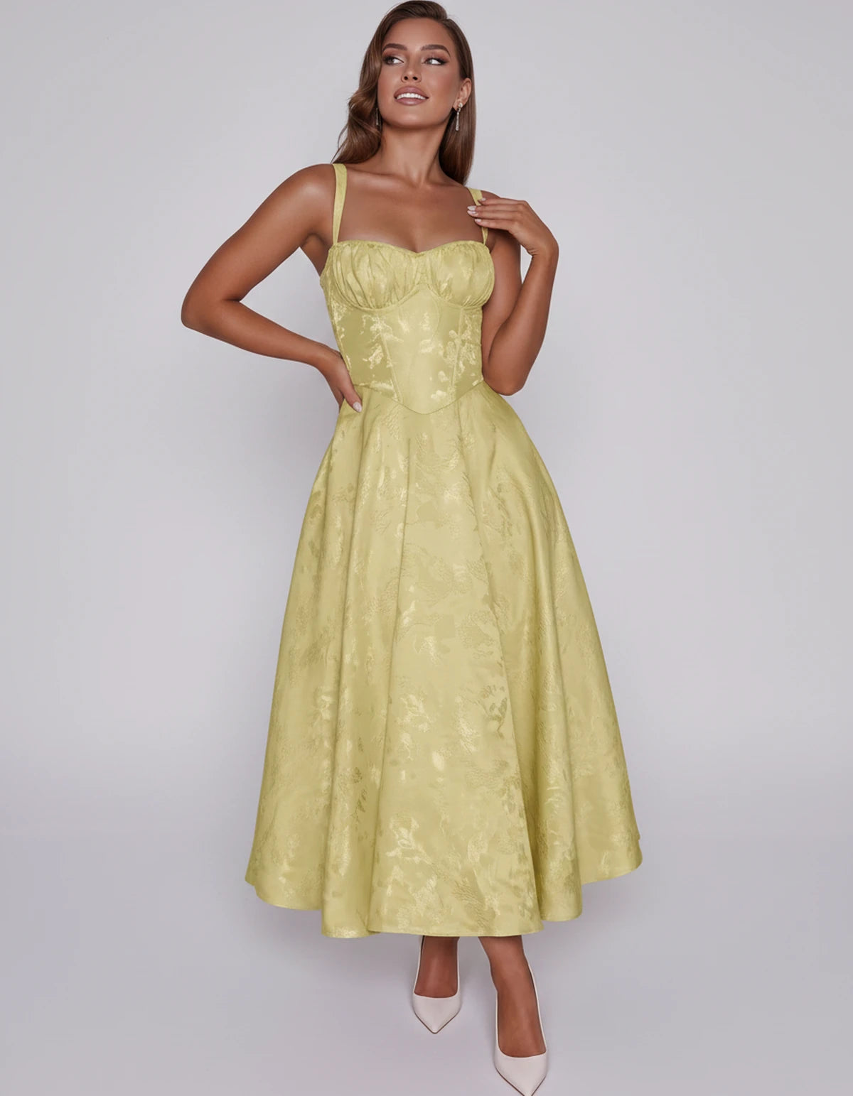 Tavira Midi Dresses — Yellow | SKU: SD-43065-yellow-2,SD-43065-yellow-4,SD-43065-yellow-6,SD-43065-yellow-8,SD-43065-yellow-10,SD-43065-yellow-12,SD-43065-yellow-14,SD-43065-yellow-16,SD-43065-yellow-16W,SD-43065-yellow-18W,SD-43065-yellow-20W,SD-43065-yellow-22W