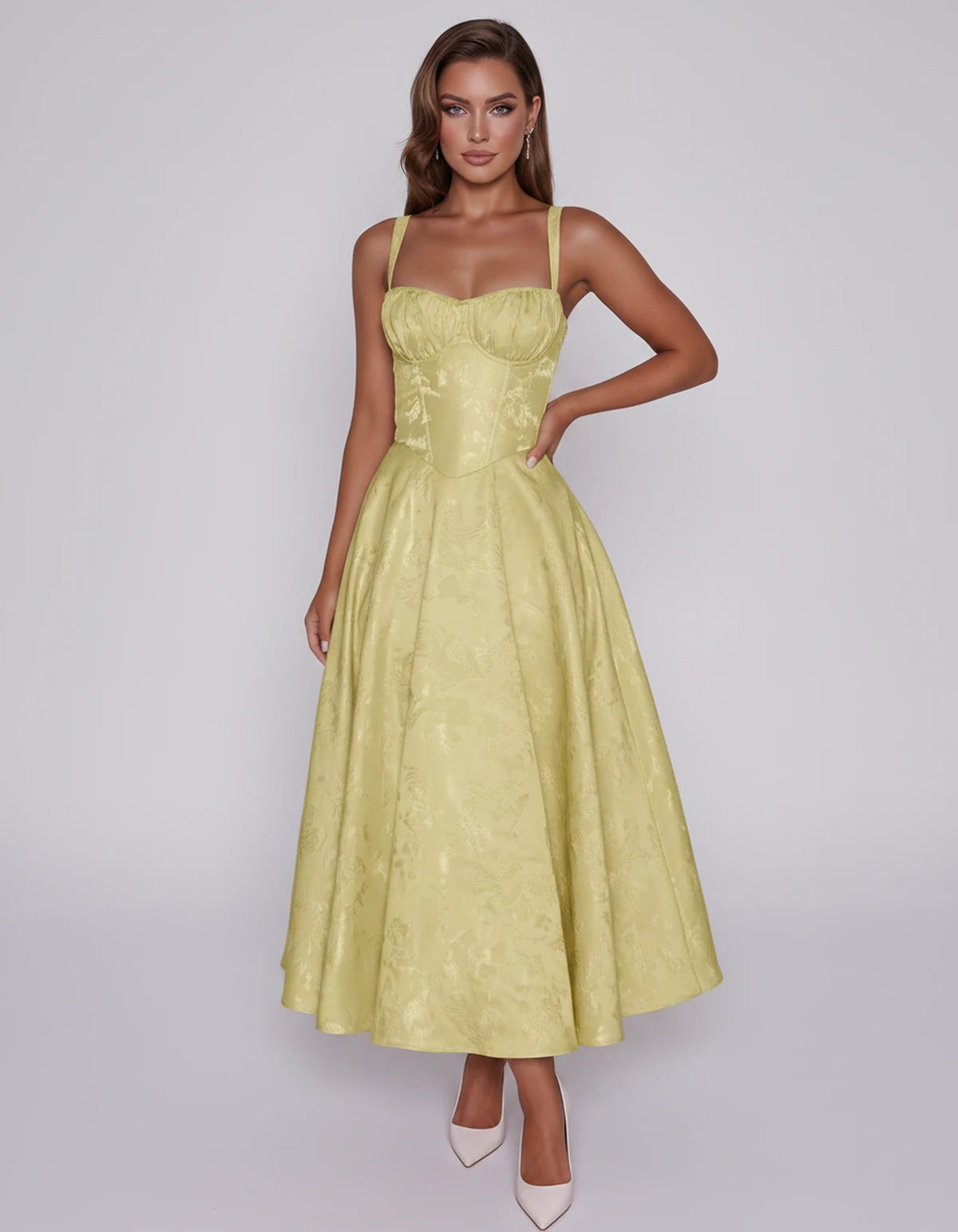Tavira Midi Dresses — Yellow | SKU: SD-43065-yellow-2,SD-43065-yellow-4,SD-43065-yellow-6,SD-43065-yellow-8,SD-43065-yellow-10,SD-43065-yellow-12,SD-43065-yellow-14,SD-43065-yellow-16,SD-43065-yellow-16W,SD-43065-yellow-18W,SD-43065-yellow-20W,SD-43065-yellow-22W