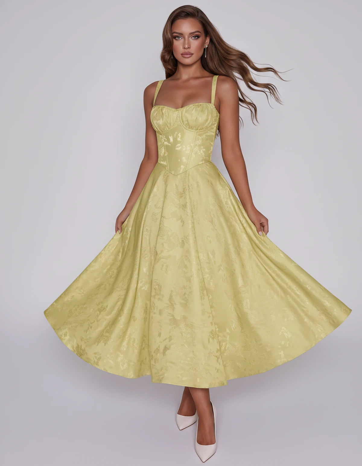 Tavira Midi Dresses — Yellow | SKU: SD-43065-yellow-2,SD-43065-yellow-4,SD-43065-yellow-6,SD-43065-yellow-8,SD-43065-yellow-10,SD-43065-yellow-12,SD-43065-yellow-14,SD-43065-yellow-16,SD-43065-yellow-16W,SD-43065-yellow-18W,SD-43065-yellow-20W,SD-43065-yellow-22W