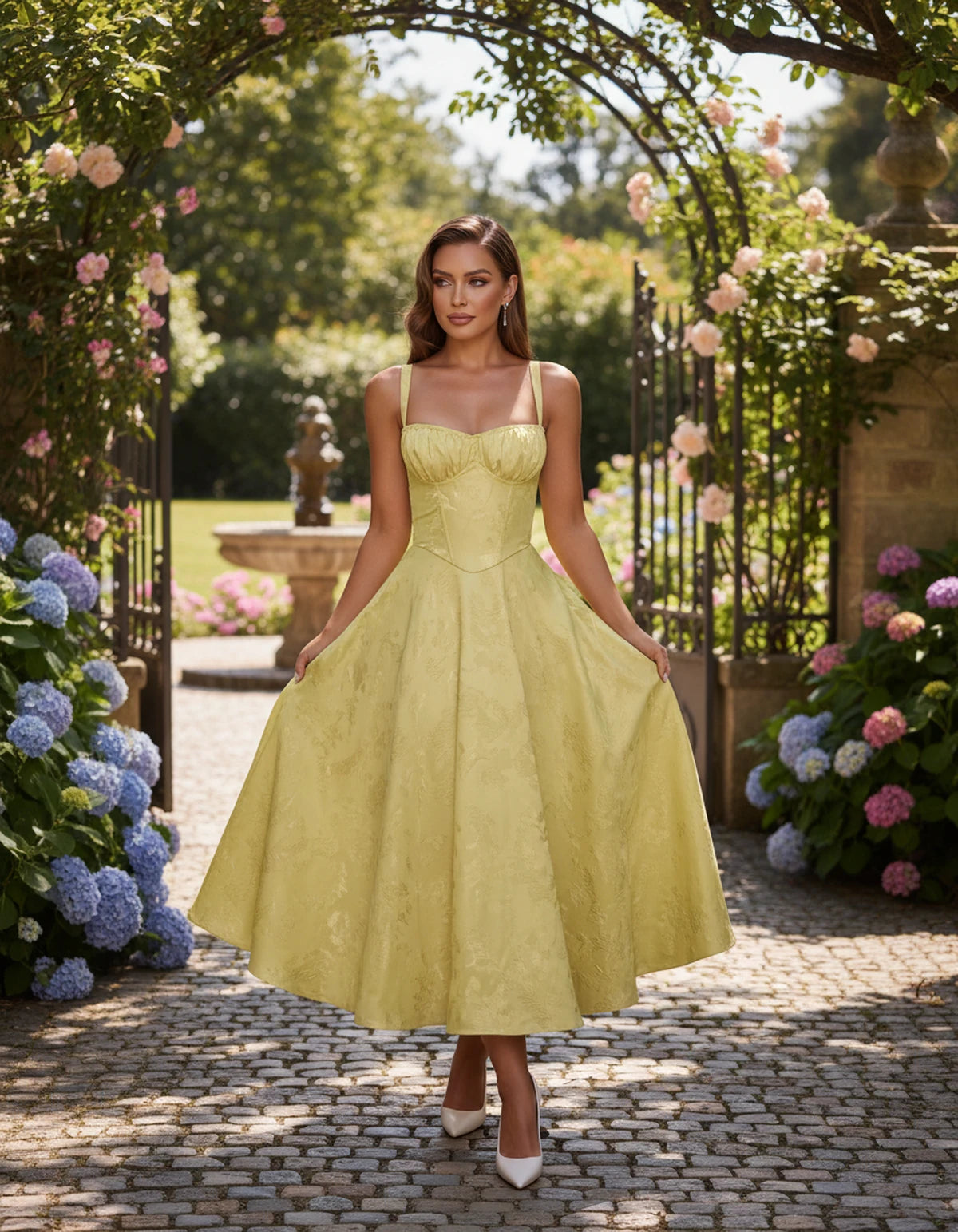 Tavira Midi Dresses — Yellow | SKU: SD-43065-yellow-2,SD-43065-yellow-4,SD-43065-yellow-6,SD-43065-yellow-8,SD-43065-yellow-10,SD-43065-yellow-12,SD-43065-yellow-14,SD-43065-yellow-16,SD-43065-yellow-16W,SD-43065-yellow-18W,SD-43065-yellow-20W,SD-43065-yellow-22W