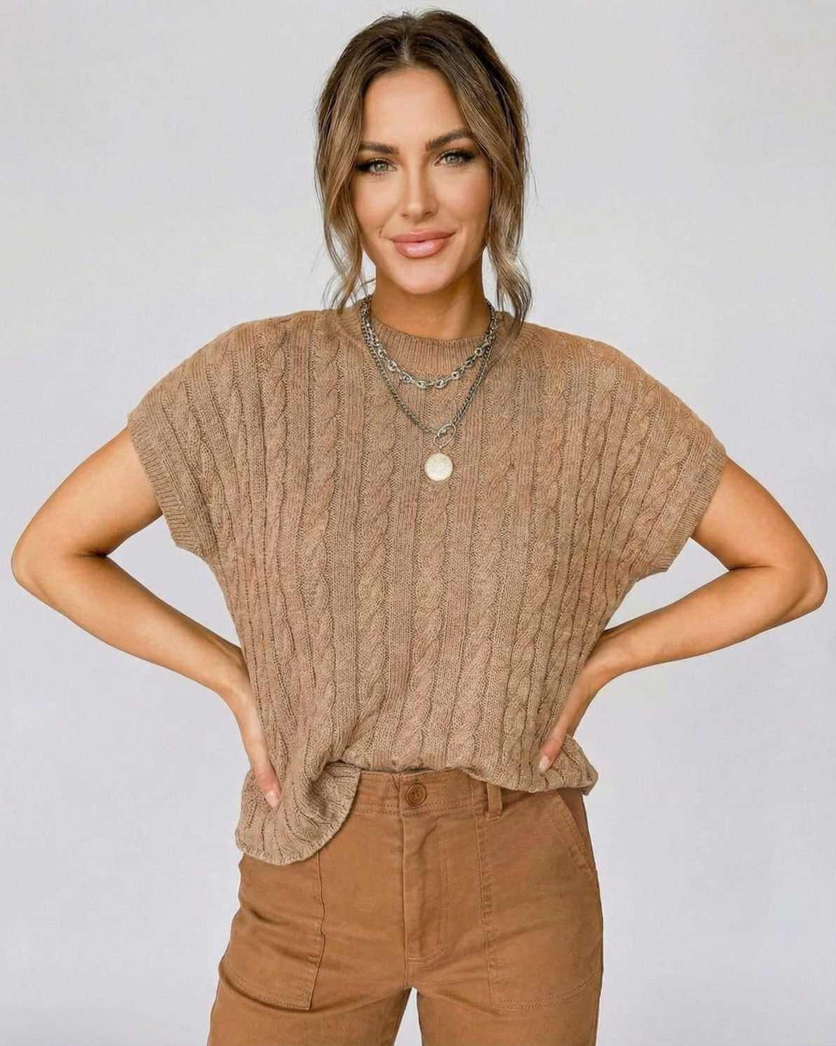 Toscana Sweater by Lauven, cable knit short sleeve sweater with relaxed elegance.