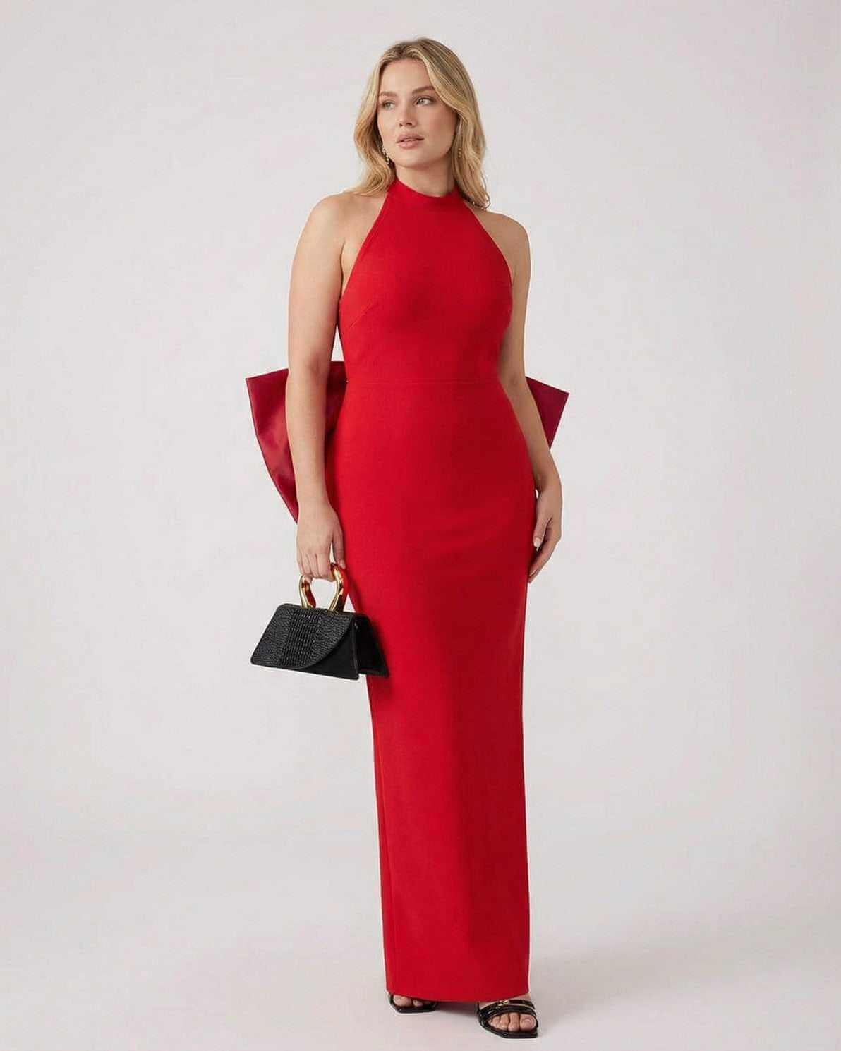 Valencia Maxi Dress by Lauven, red halter neck sheath dress with statement bow detail.
