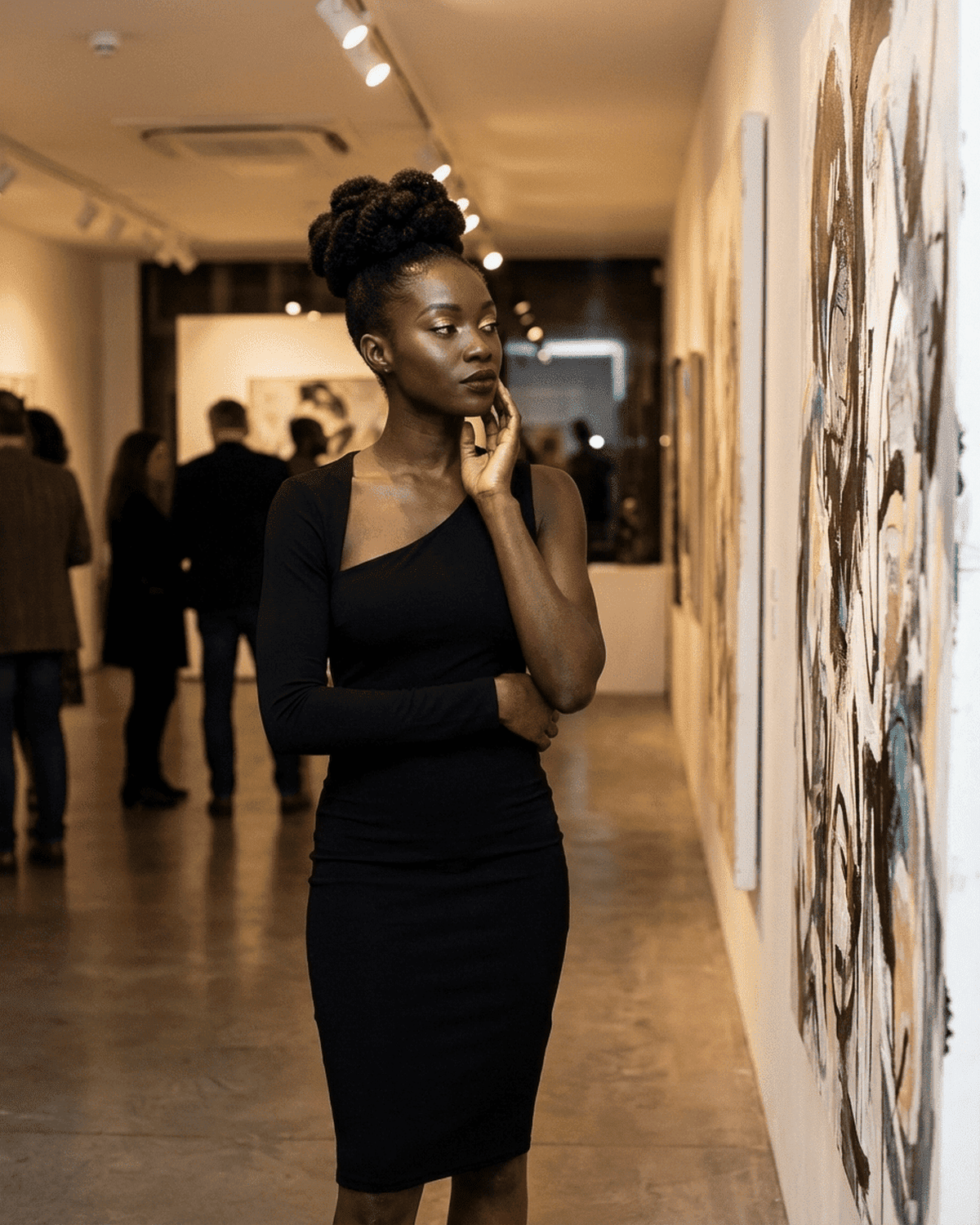 Vega Midi Dress - Elegant one-shoulder bodycon dress by SLIMONA showcased at art gallery.