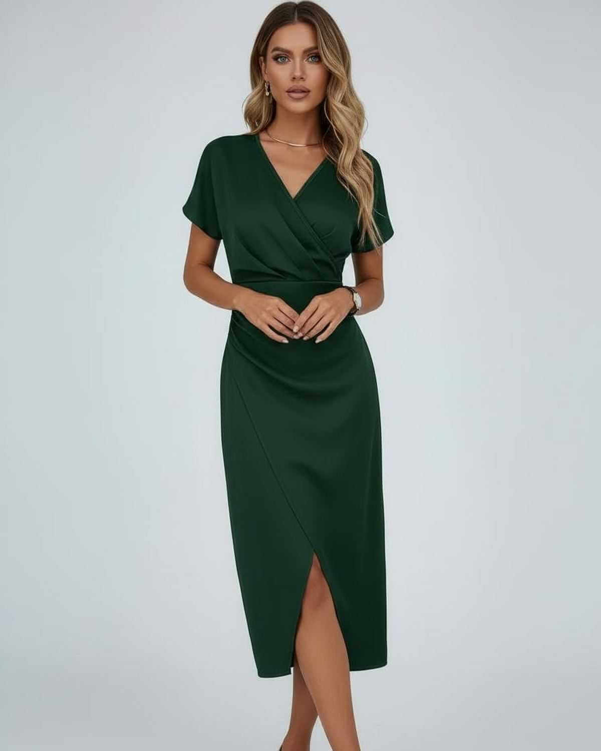 Elegant Vela Midi Dress by Lauven in dark green with flattering wrap style and front slit.