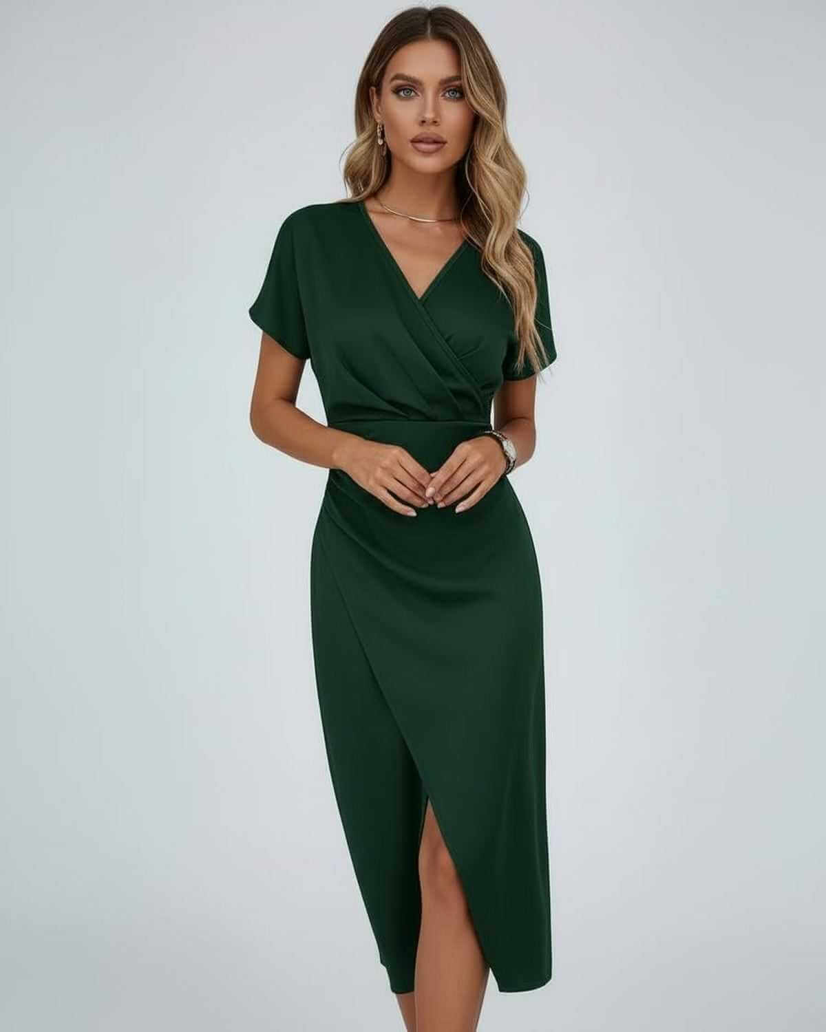 Vela Midi Dress by Lauven - Elegant dark green wrap dress with V-neckline and flattering silhouette