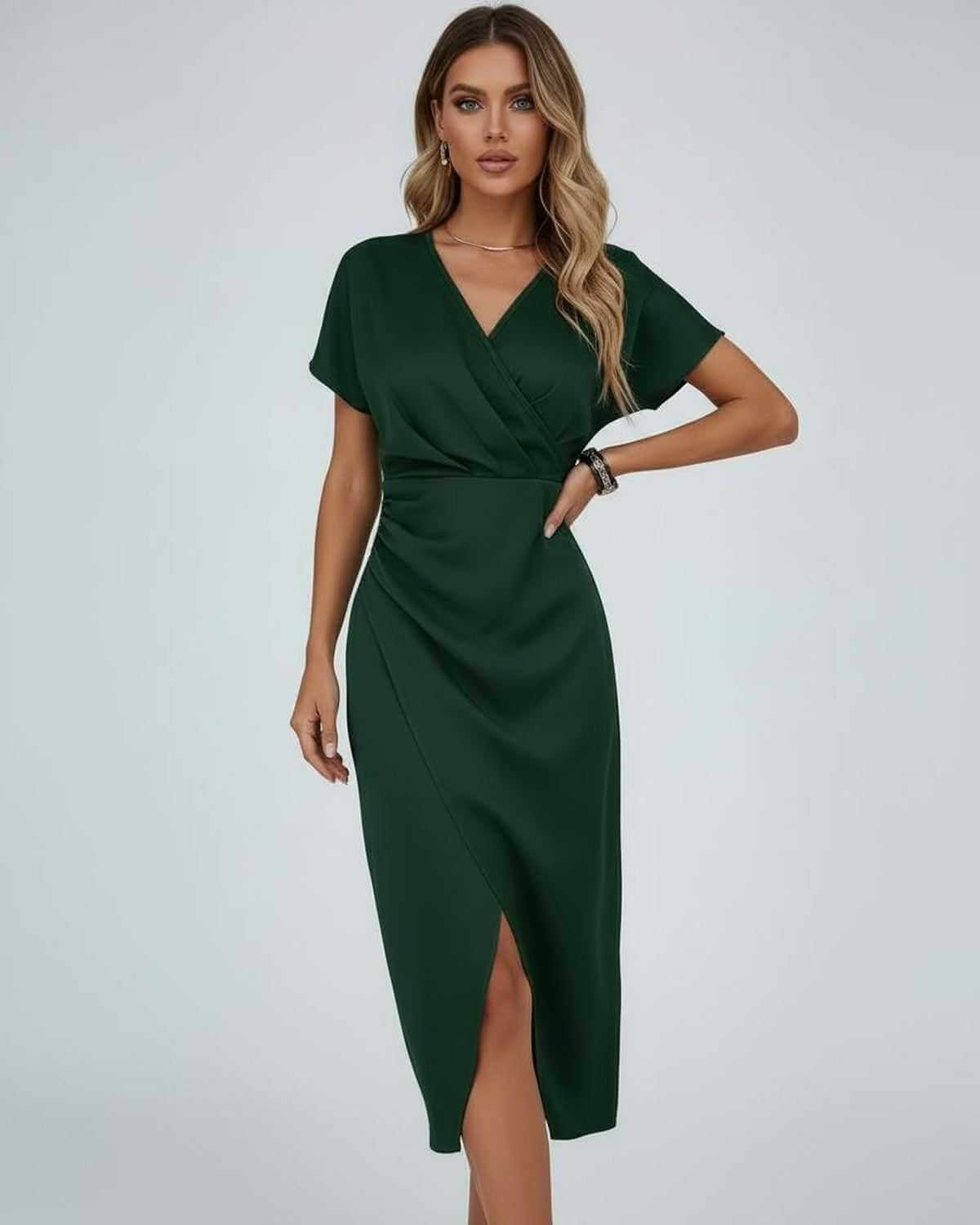 Vela Midi Dress by Lauven, dark green wrap dress with elegant silhouette and subtle front slit.