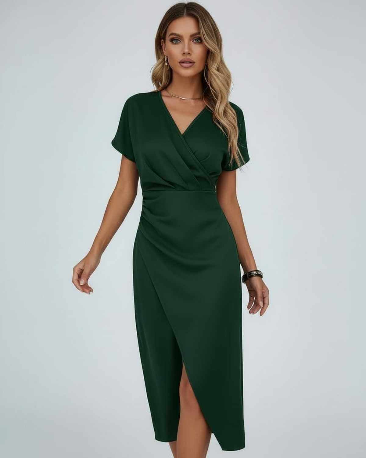 Vela Midi Dress by Lauven, dark green wrap dress with elegant silhouette and subtle front slit.