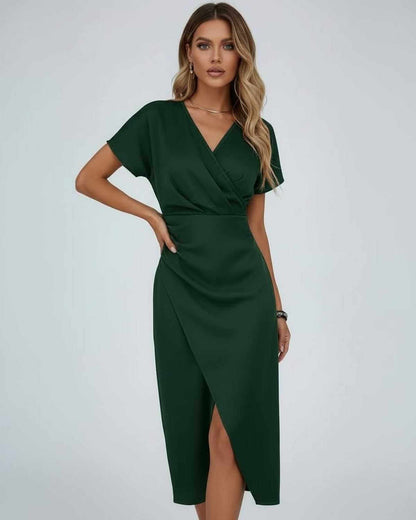 Vela Midi Dress by Lauven, elegant dark green wrap dress with V-neckline and flowing skirt