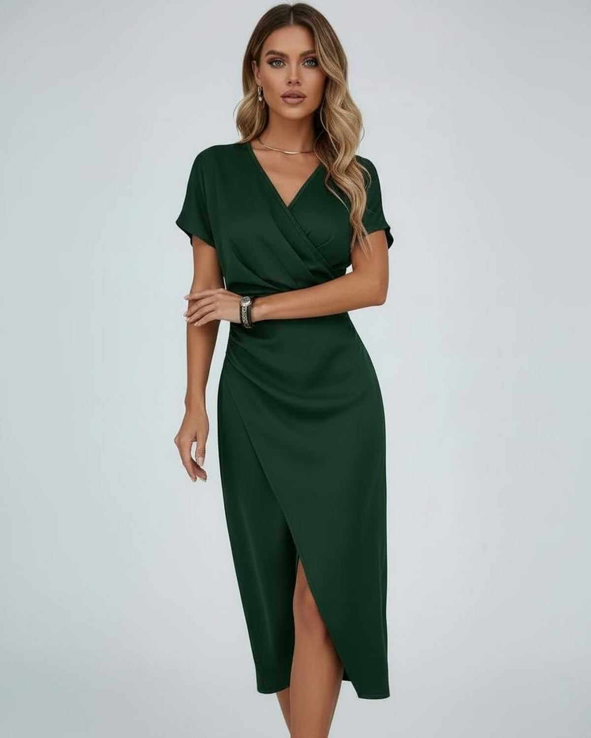 Vela Midi Dress by Lauven – Dark green elegant wrap dress featuring a V-neckline and soft flowing skirt.