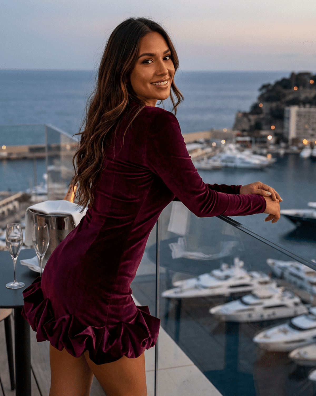 Woman wearing Velora Mini Dress by SLIMONA with velvet texture and pleated hem, overlooking a marina at sunset.