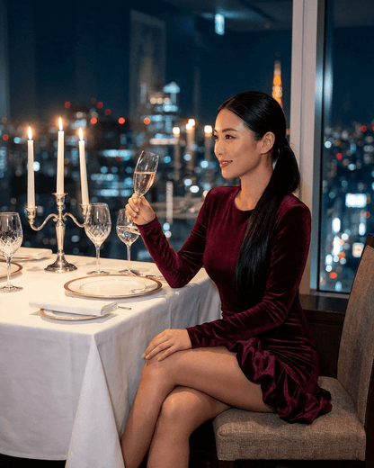 Woman enjoying a drink in a cozy restaurant wearing the SLIMONA Velora Mini Dress, showcasing its luxurious deep burgundy color.
