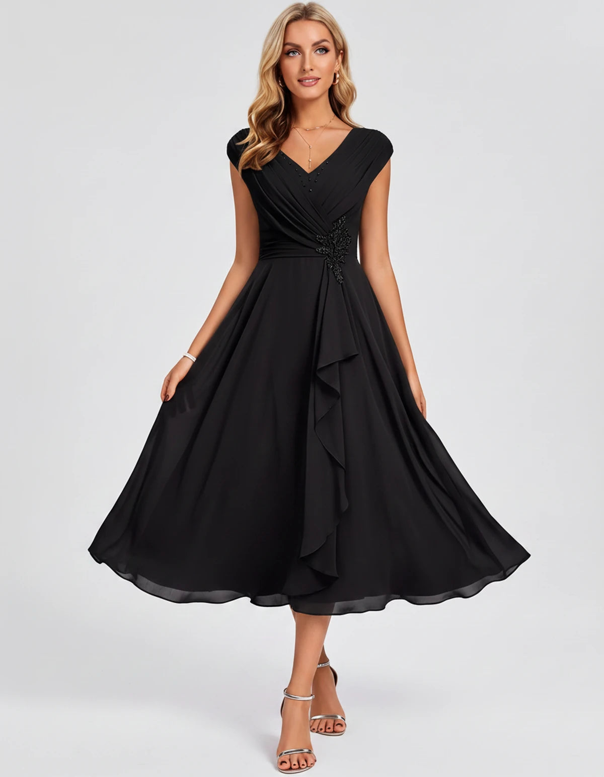 Verbena Midi Dresses — Black | SKU: SD-10524-black-2,SD-10524-black-4,SD-10524-black-6,SD-10524-black-8,SD-10524-black-10,SD-10524-black-12,SD-10524-black-14,SD-10524-black-16,SD-10524-black-16W,SD-10524-black-18W,SD-10524-black-20W,SD-10524-black-22W