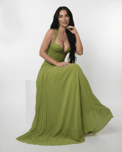 Verdant Maxi Dress by SLIMONA, featuring a lace bodice and flowing pleated skirt in rich olive green.