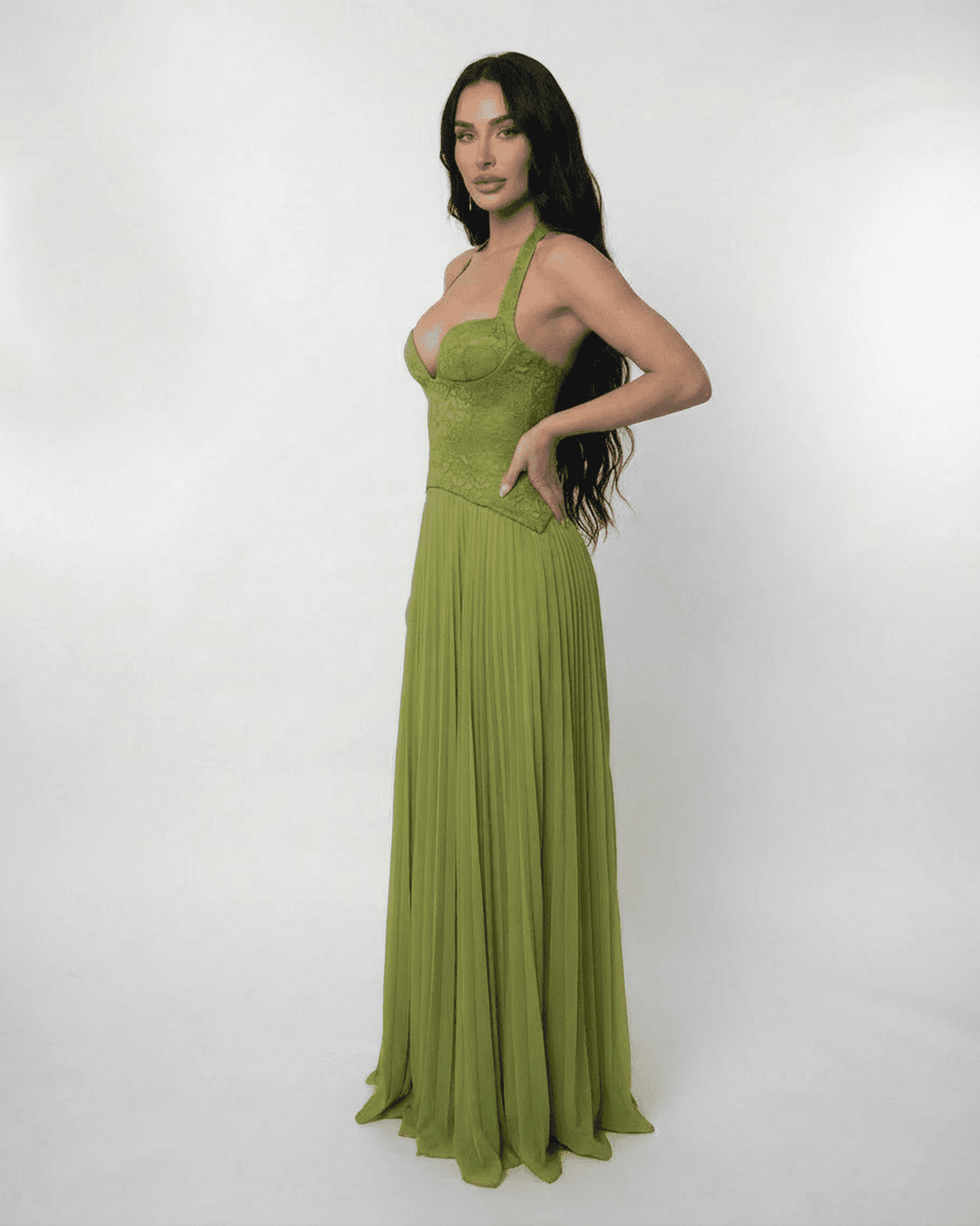 Verdant Maxi Dress by SLIMONA featuring a lace bodice and pleated skirt in elegant olive green.
