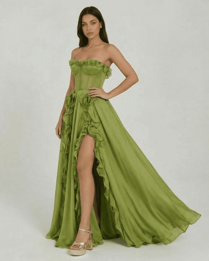 Elegant Verdessa Maxi Dress by SLIMONA, strapless green design with ruffles for a chic, sophisticated look.