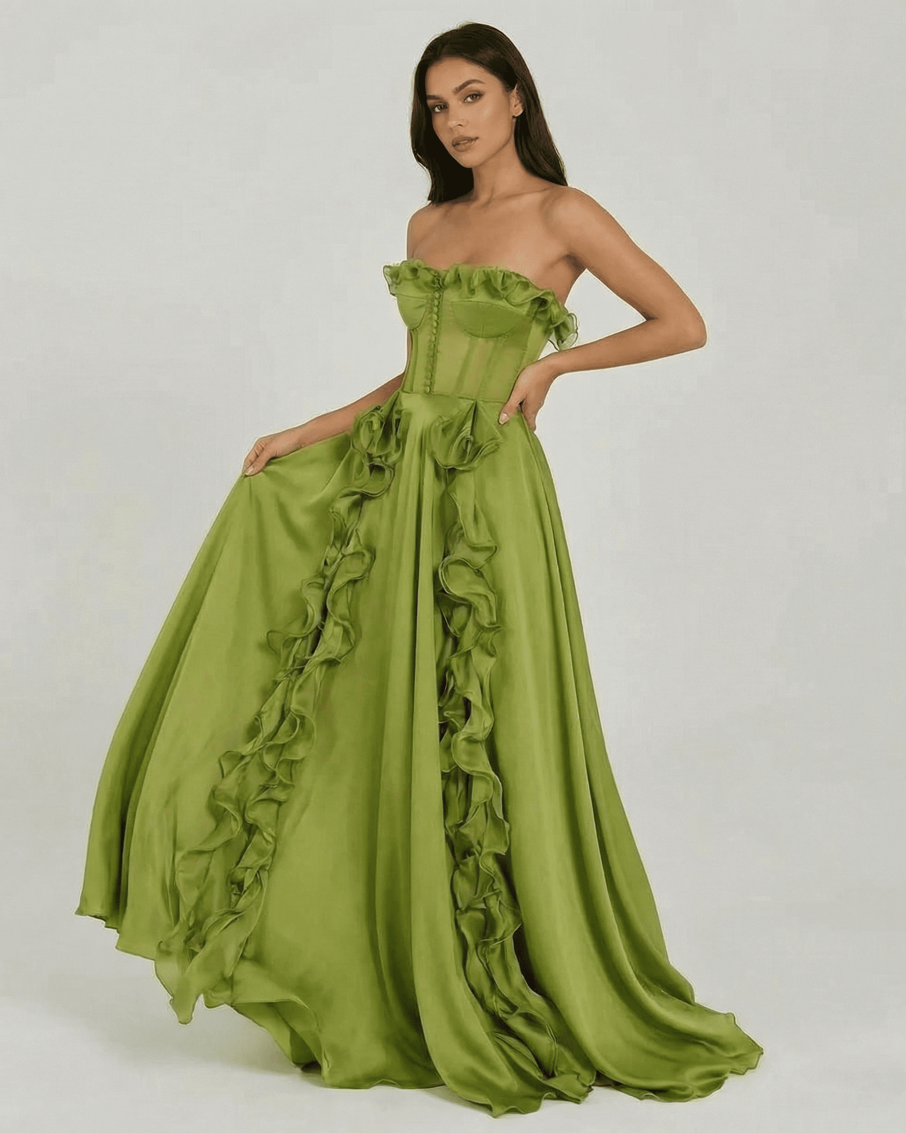 Verdessa Maxi Dress by SLIMONA - Strapless green maxi dress with ruffle detail, perfect for elegant occasions.