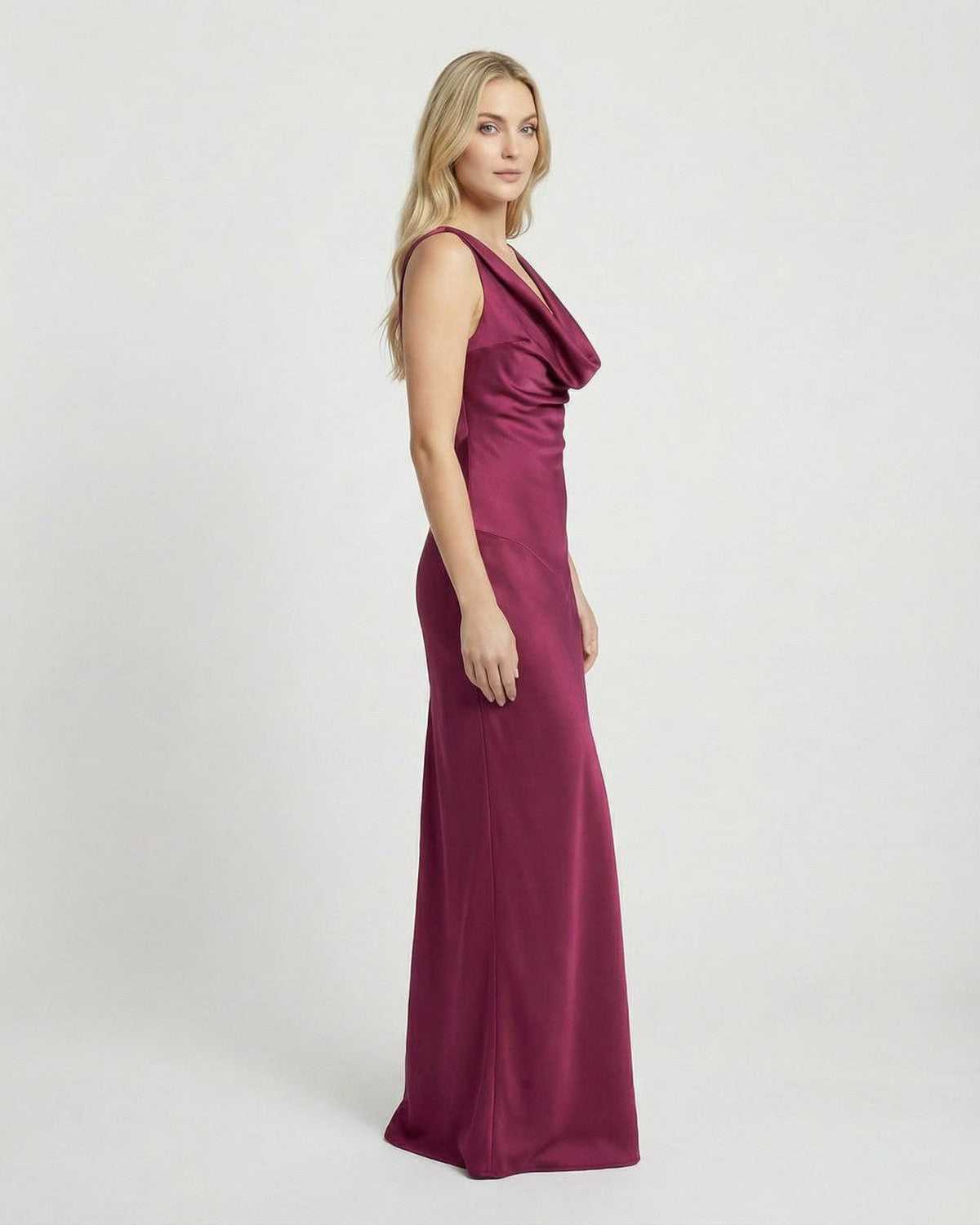 Verona Maxi Dress by SLIMONA, sleeveless satin-effect cowl neck evening gown in rich burgundy.
