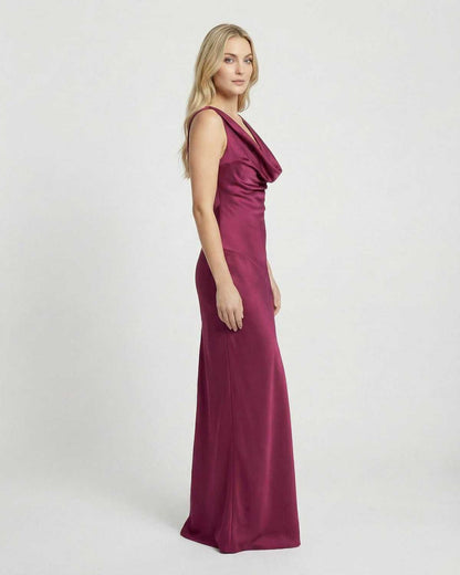 Verona Maxi Dress by SLIMONA, sleeveless satin-effect cowl neck evening gown in rich burgundy.