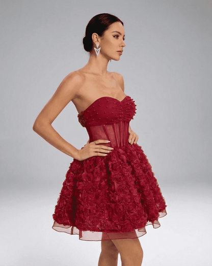 Verona Mini Dress by SLIMONA, beaded strapless puff mini with 3D floral texture.