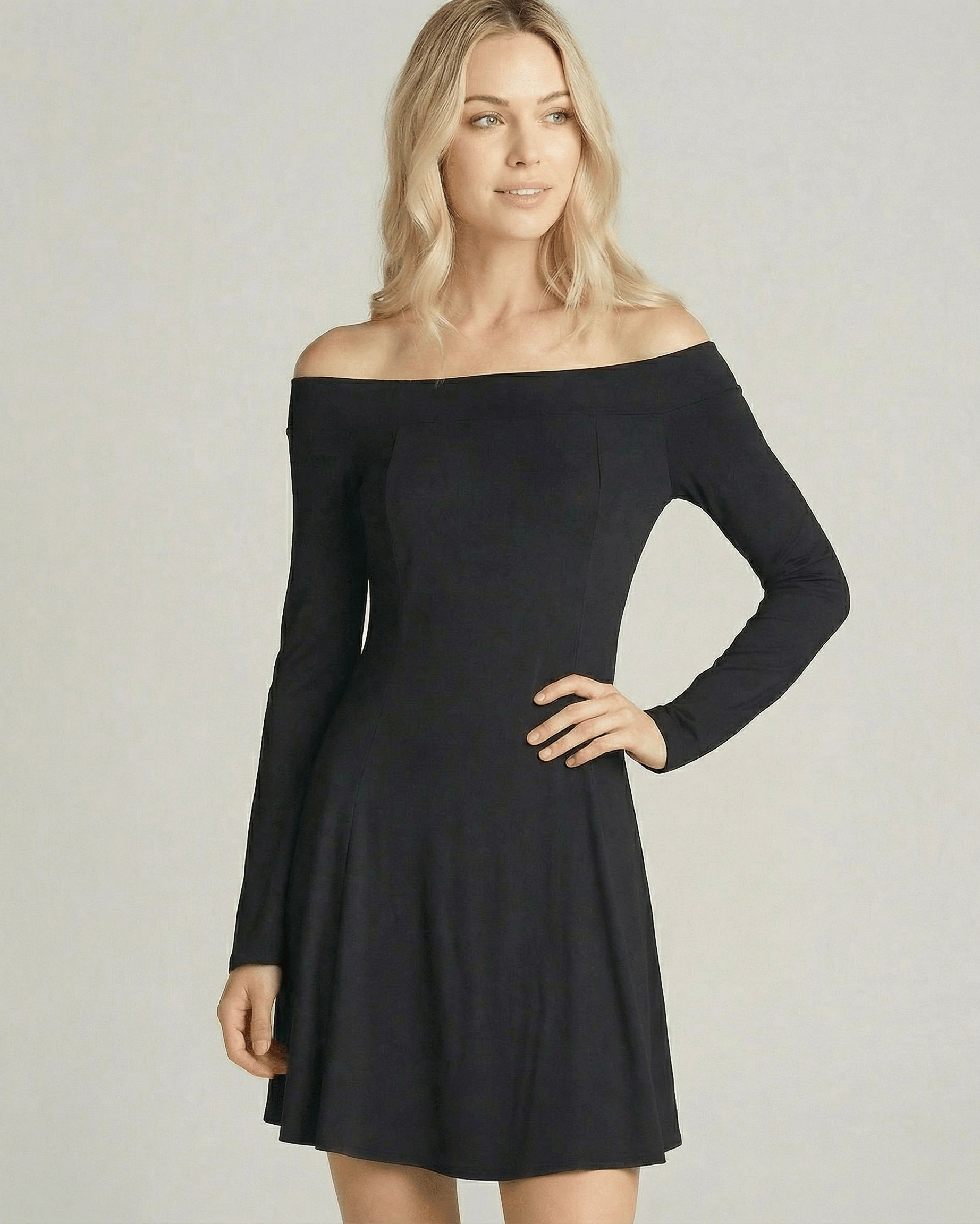 Verona Mini Dress by Lauven - Off-Shoulder Long Sleeve A-Line Silhouette in Black Elegance