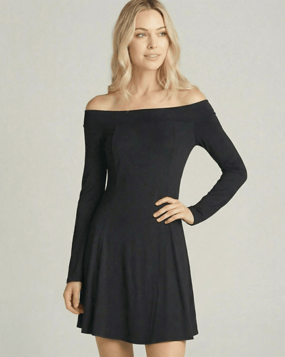 Verona Mini Dress by Lauven - Off-Shoulder Long Sleeve A-Line Silhouette in Black Elegance
