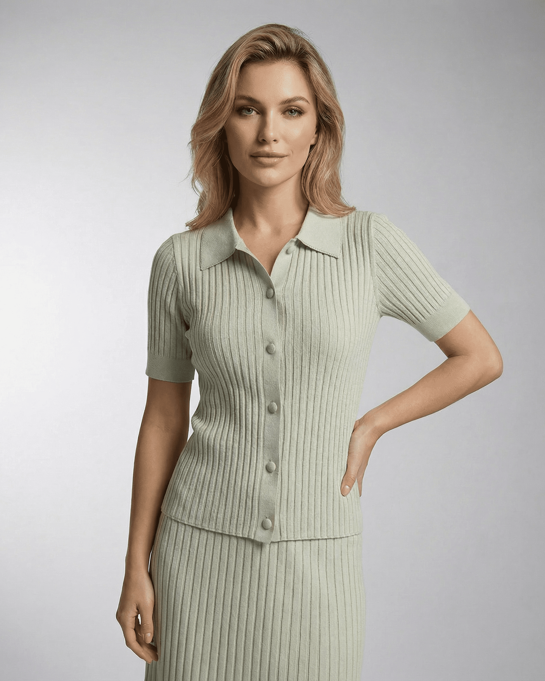 Verona Polo Shirt by SLIMONA - Women's slim knit polo with fine rib texture, offering comfort and style.