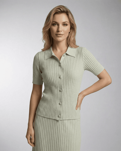 Verona Polo Shirt by SLIMONA - Women's slim knit polo with fine rib texture, offering comfort and style.