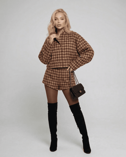Verona Set by SLIMONA, chic two-piece outfit with tailored shorts and long-sleeve top, perfect for modern elegance.