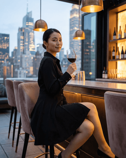 Elegant woman in Vesta Mini Dress by SLIMONA, enjoying wine at a rooftop bar with a city skyline backdrop.